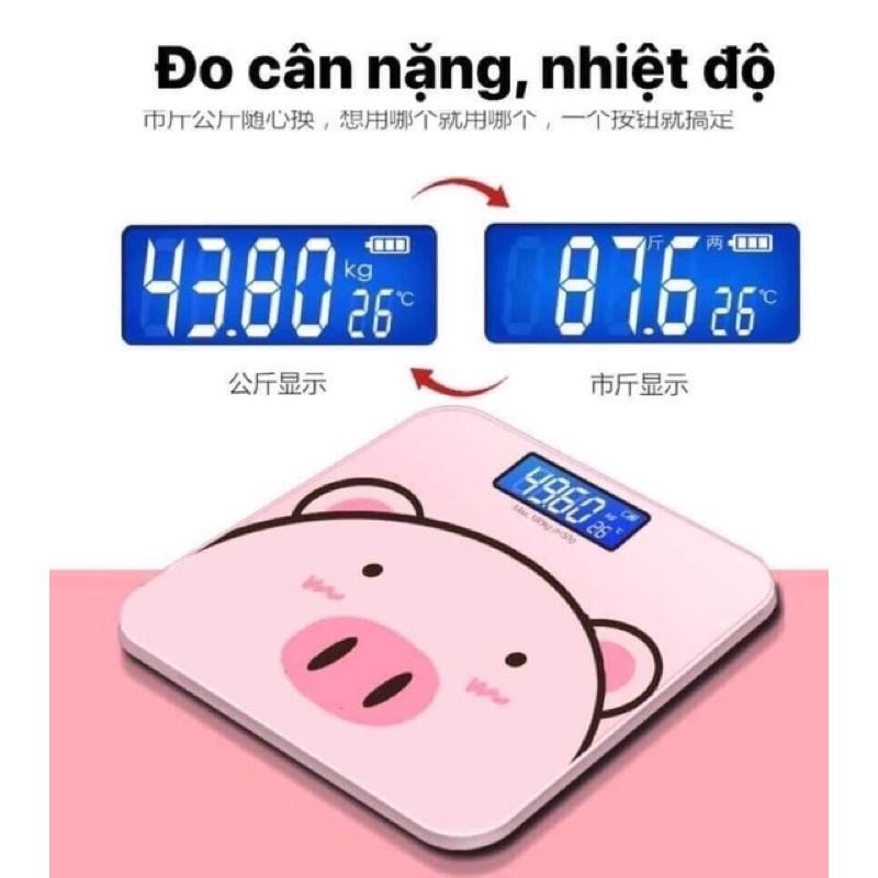 Cân sức khỏe điện tử hình heo hồng dễ thương tặng kèm Pin- Cân hình heo có màn hình led kính cường lực theo dõi sức khoẻ