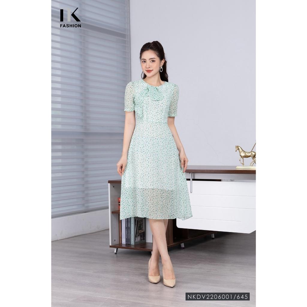 Đầm Nữ Dáng Xòe NK Fashion Họa Tiết Hoa Nổi Phối Nơ Cổ, Chất Voan Hàn Cao Cấp Mềm Mịn Có Lớp Lót NKDV2206001