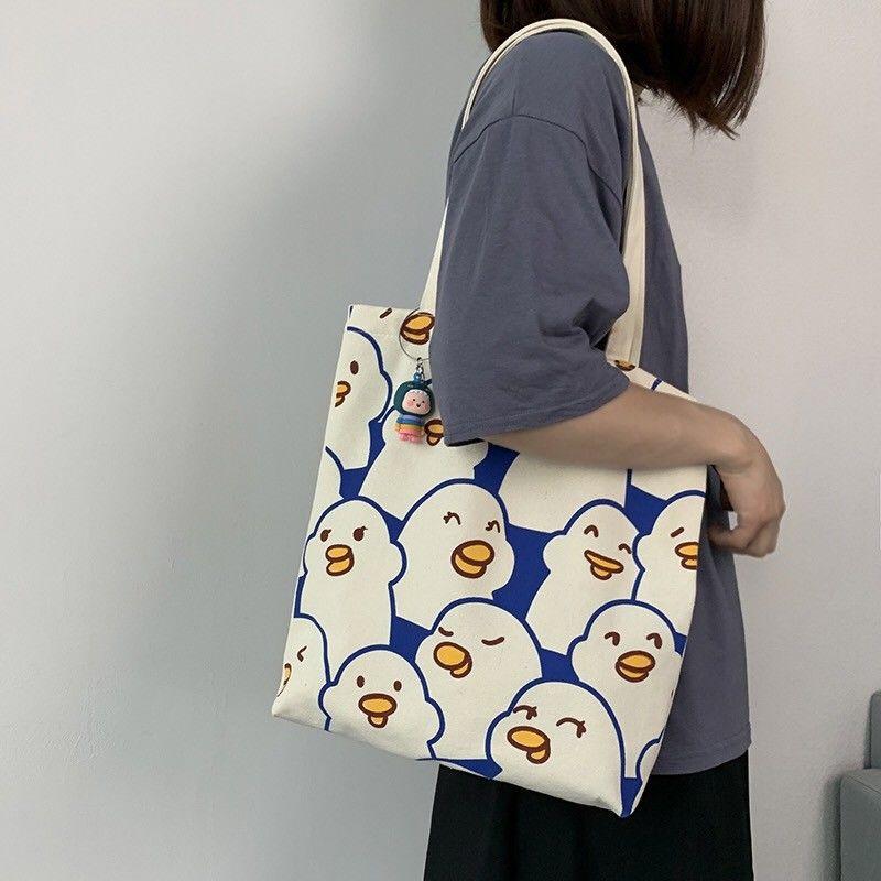 Túi Tote Vải Canvas In Hoạt Hình Kiểu Hàn Quốc Dễ Thương Cho Nữ