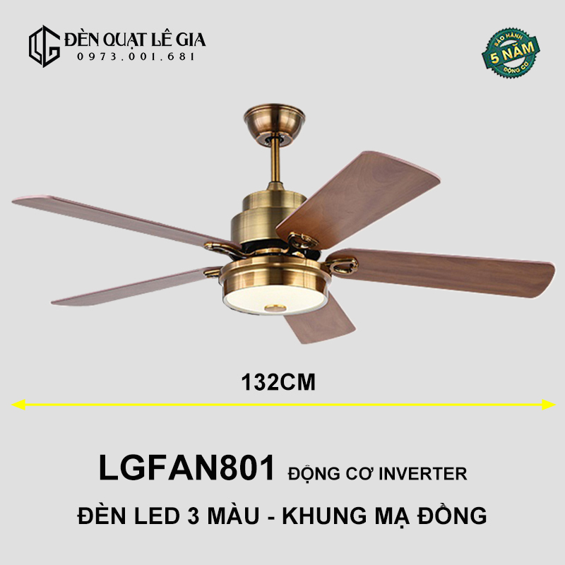 Quạt Trần Đèn Tân Cổ Điển LÊ GIA LGFAN801 - Chiều Cao 43cm - Sải Cánh 132cm - Bảo Hành 5 Năm