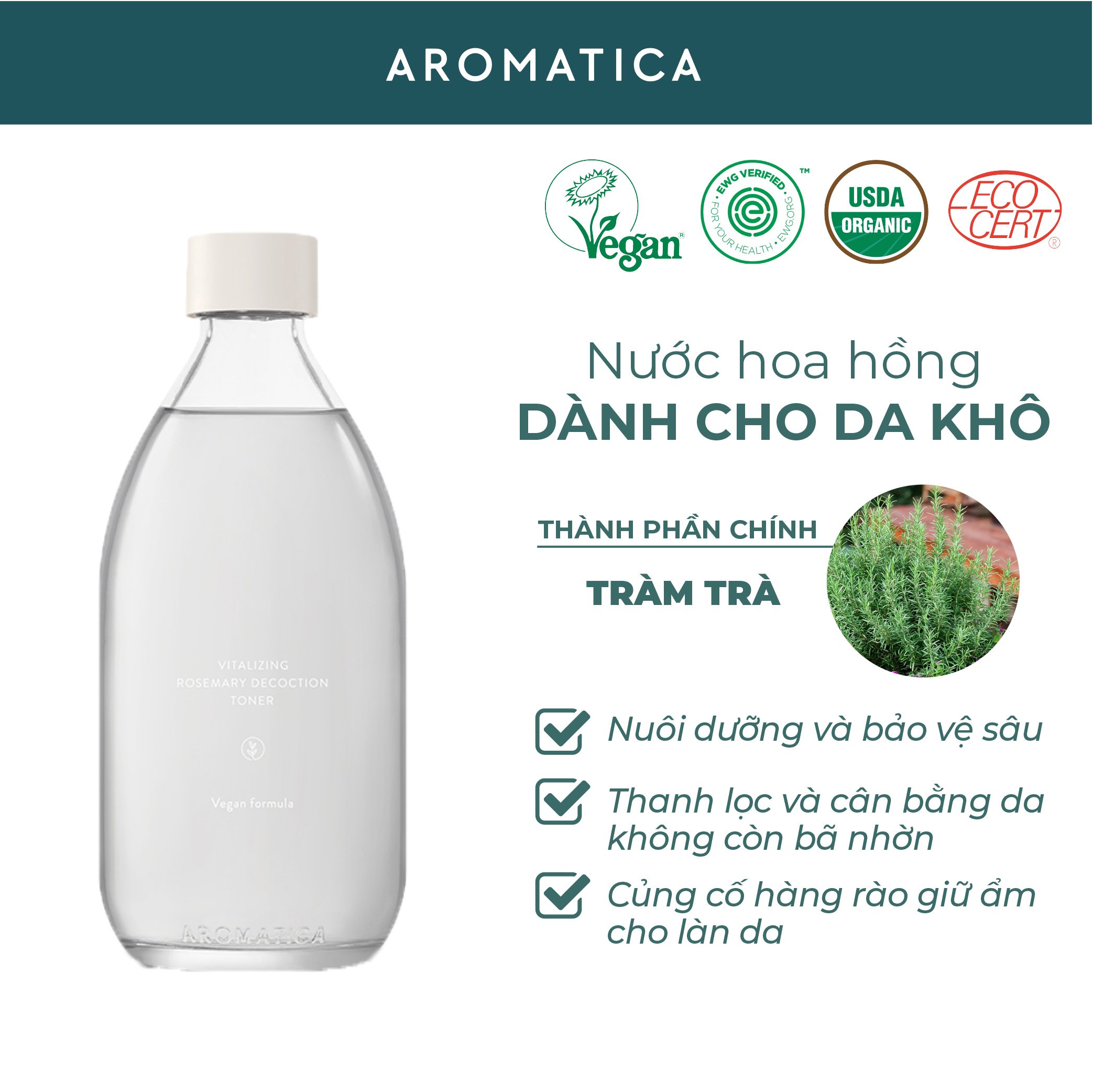 Nước Hoa Hồng Không Cồn Dưỡng Ẩm Chiết Xuất Hương Thảo Aromatica Vitalizing Rosemary Decoction Toner 300ml