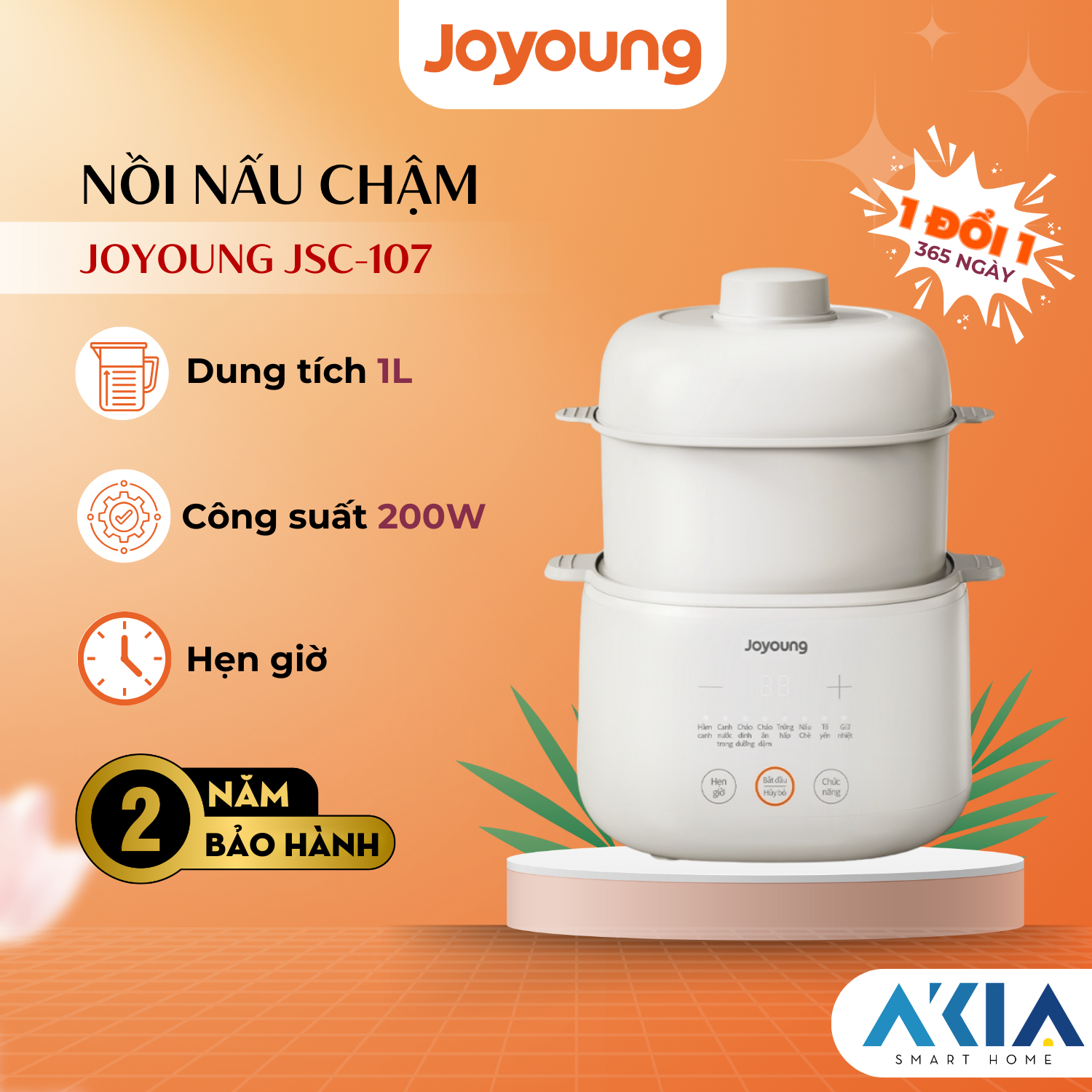 Nồi nấu chậm Joyoung JSC-107 - Dung tích 1L, Công suất 200W, Chữ tiếng Việt - Hàng chính hãng