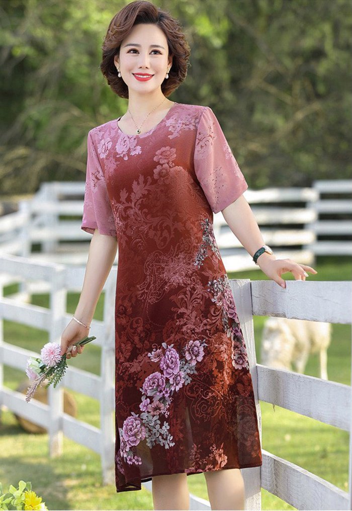 ĐẦM SUÔNG CỔ TRÒN IN HOA NHỎ