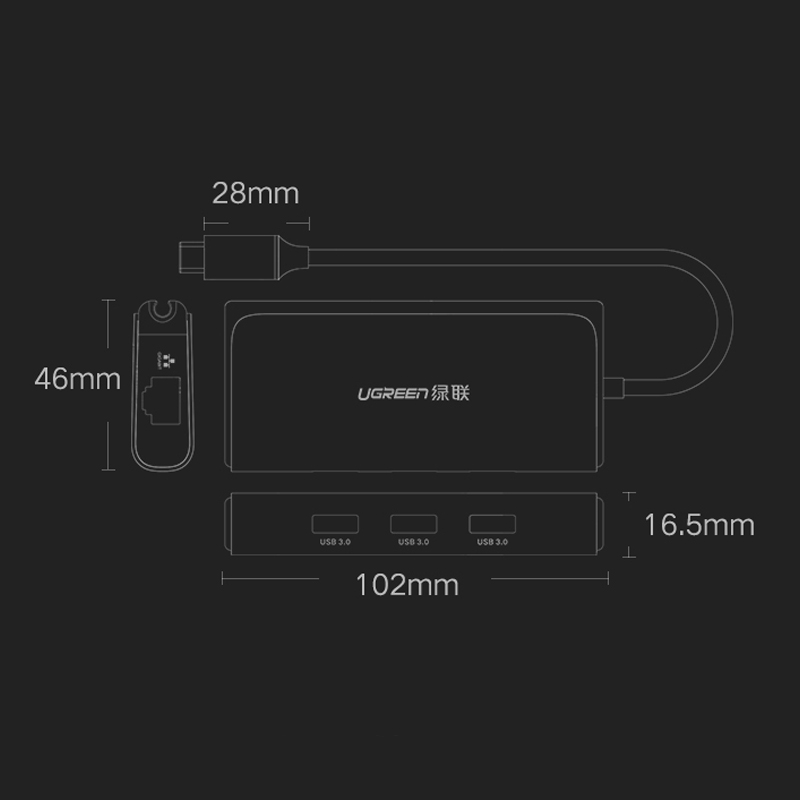 USB-C to LAN 100/1000Mbps Kèm HUB 3 Cổng USB 3.0 Ugreen 50252 - Hàng Chính Hãng