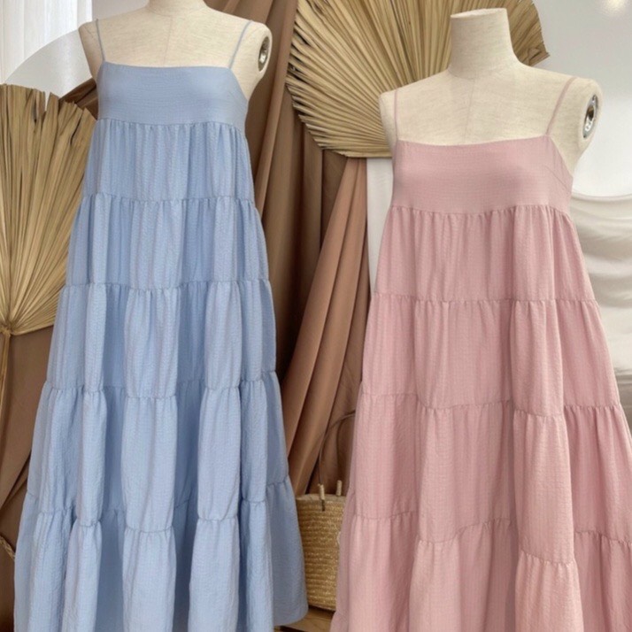 Maxi 2 dây nhún tầng form babydoll nhiều màu freesize