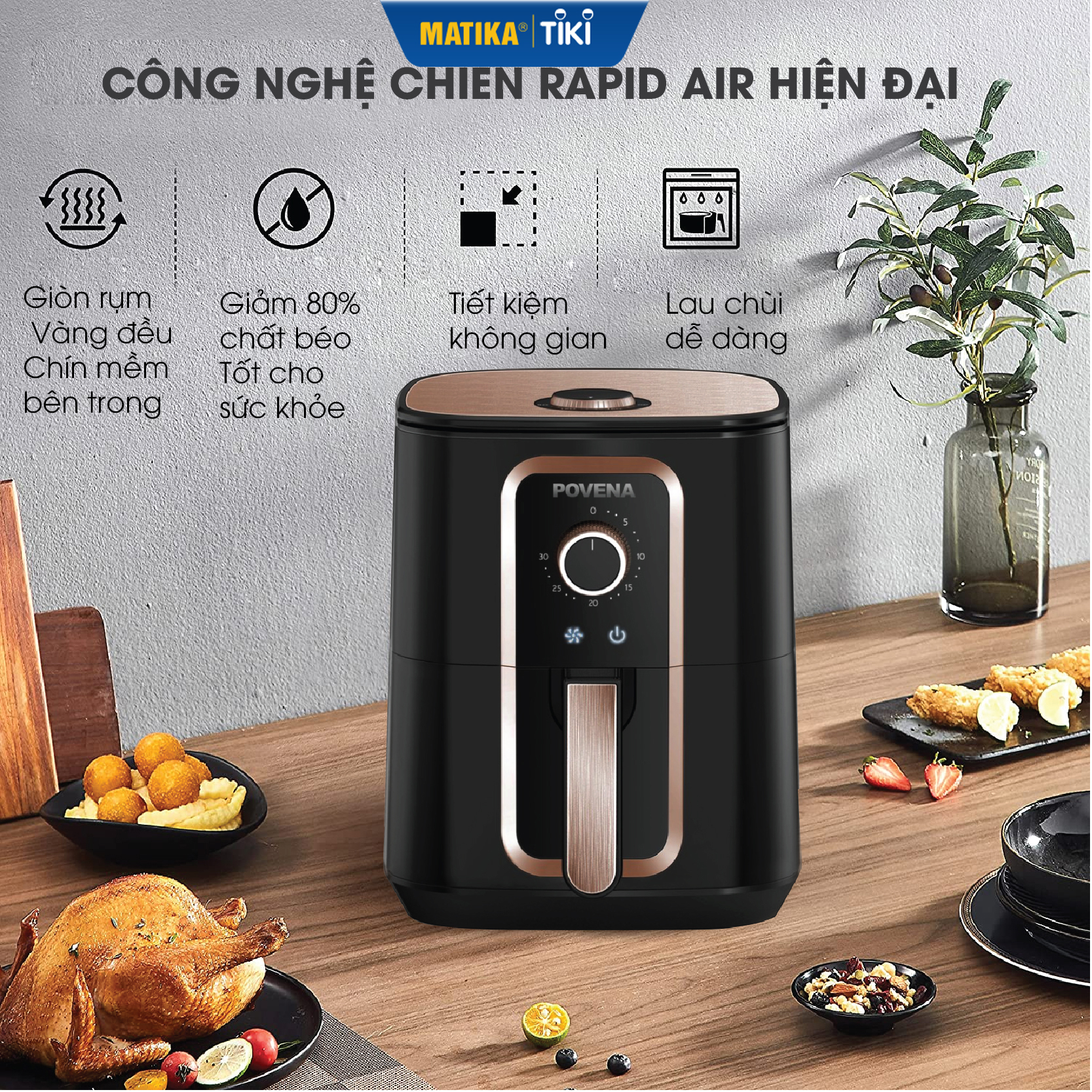 Nồi chiên không dầu POVENA dung tích lớn 6,5L công nghệ chiên cao cấp PVN-6519 - Hàng chính hãng