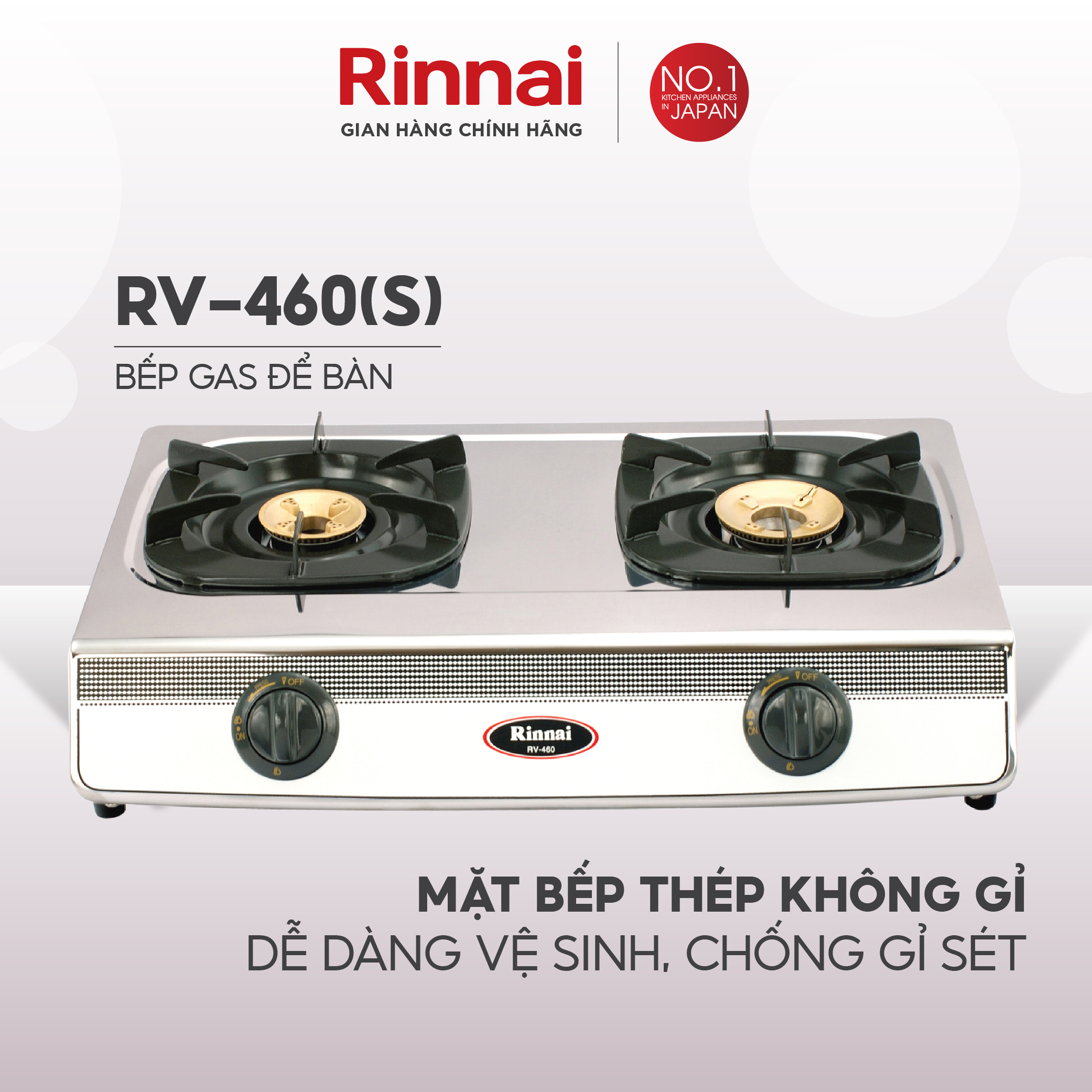 Bếp gas dương Rinnai RV-460(S) mặt bếp inox và kiềng bếp men - Hàng chính hãng.