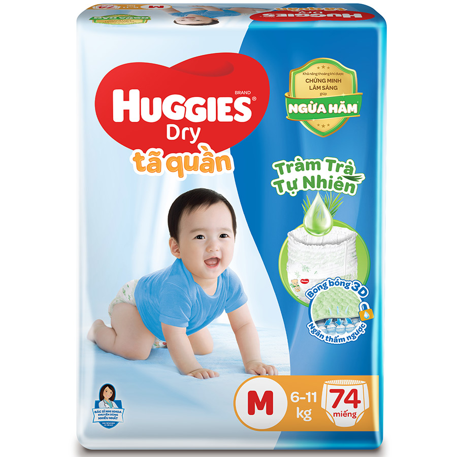 Tã Quần Huggies Dry Tràm Trà Tự Nhiên Gói Cực Đại M74 (74 miếng) + Tặng 10 miếng