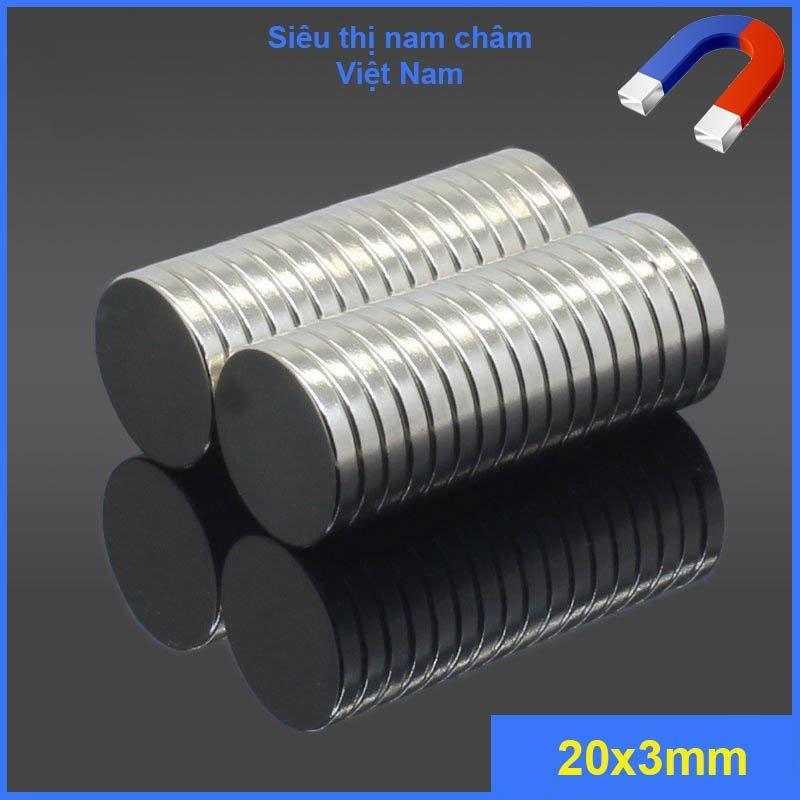 Nam châm 20x3mm viên hình tròn màu trắng bạc siêu mạnh