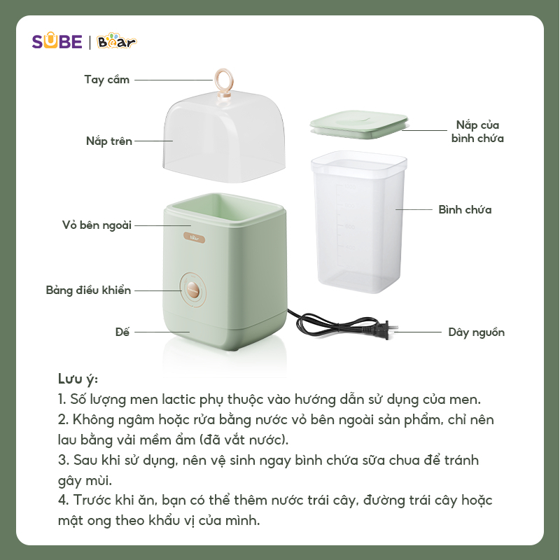 Máy Làm Sữa Chua Bear SB-SC12C - Dung tích 1L, Lên men tự động 3 mức độ - Hàng chính hãng