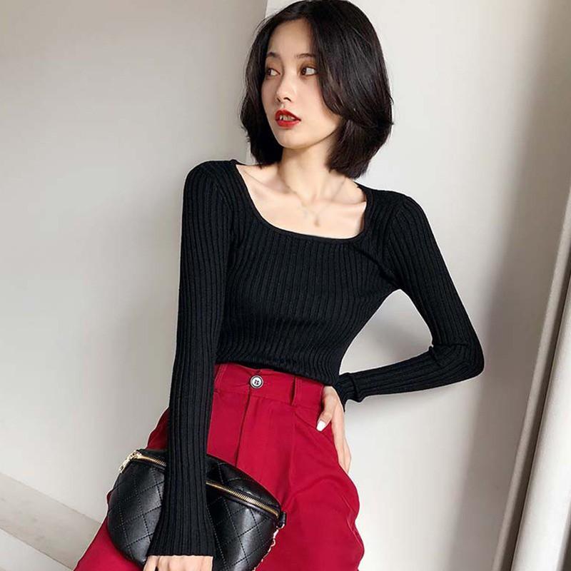 Áo Thun Dệt Kim Tay Dài Cổ Vuông Màu Trơn Thiết Kế Đơn Giản Cho Nữ