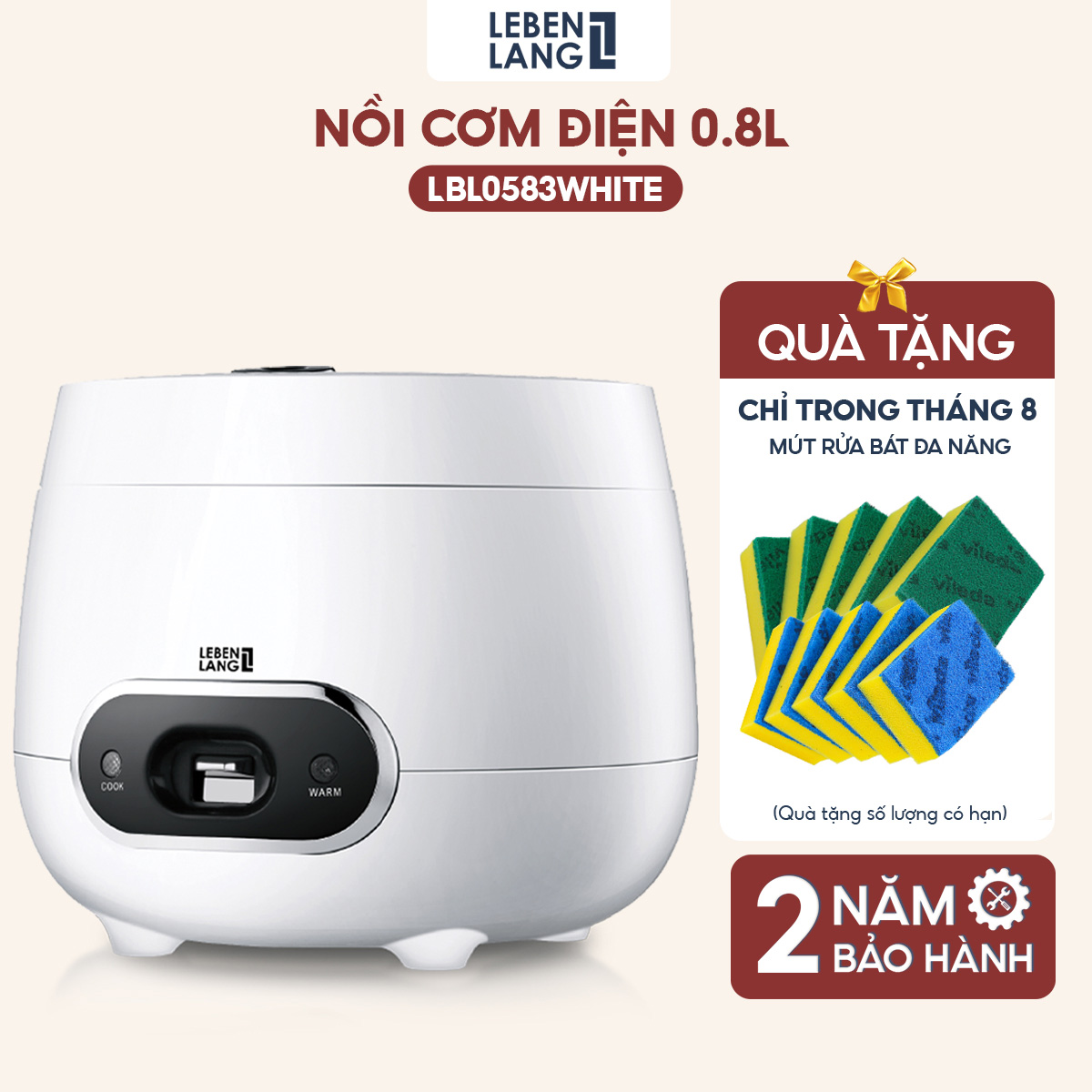 Noi Com Đien Minilebenlang Lbl0583 Dung Tích 800Ml, Công Suất 250W Nhỏ Gọn, Thiết Kế Đơn Giản Hiện Đại - Hàng Chính Hãng - Màu Trắng