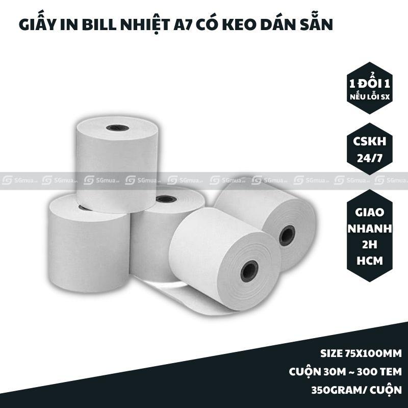 Giấy in bill A7 75x100mm cuộn 30m ~ 300 tem decal có keo dán sẵn