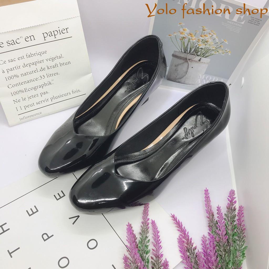 Giày cao gót nữ da bóng đế trụ mũi vuông 5cm da mềm êm chân -HC07