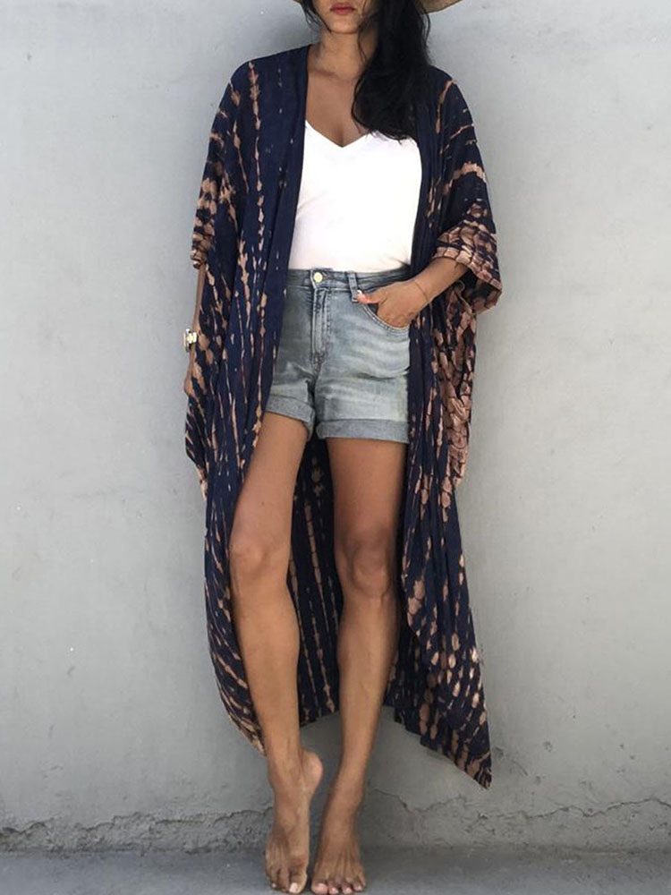Women Bikini Cover Tie Dyed Striped Self Belted Kimono Cardigan Dress Loose Beach Swimsuit Cover Up