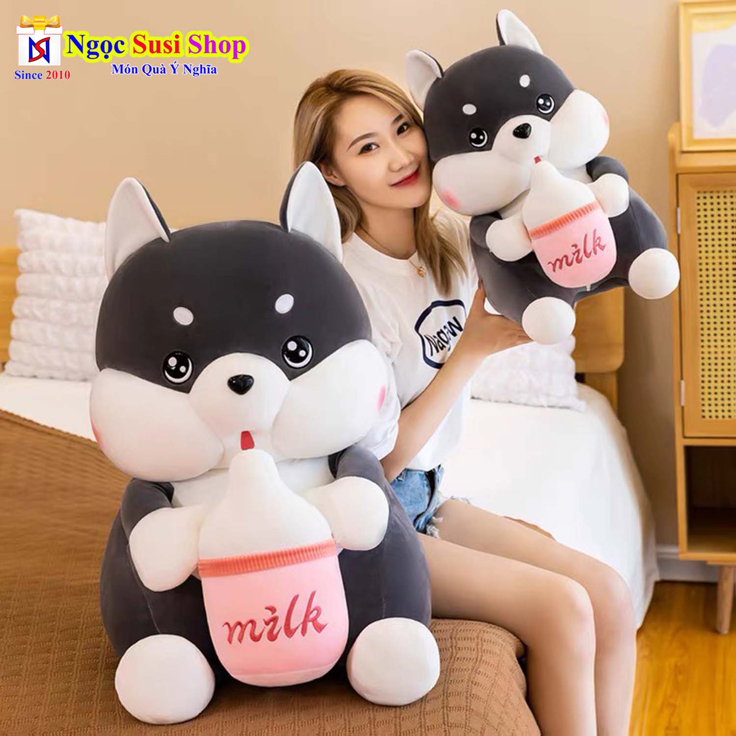GỐI ÔM CHÓ HUSKY ÔM BÌNH SỮA KHỔNG LỒ SIÊU MỀM MỊN ÔM NGỦ