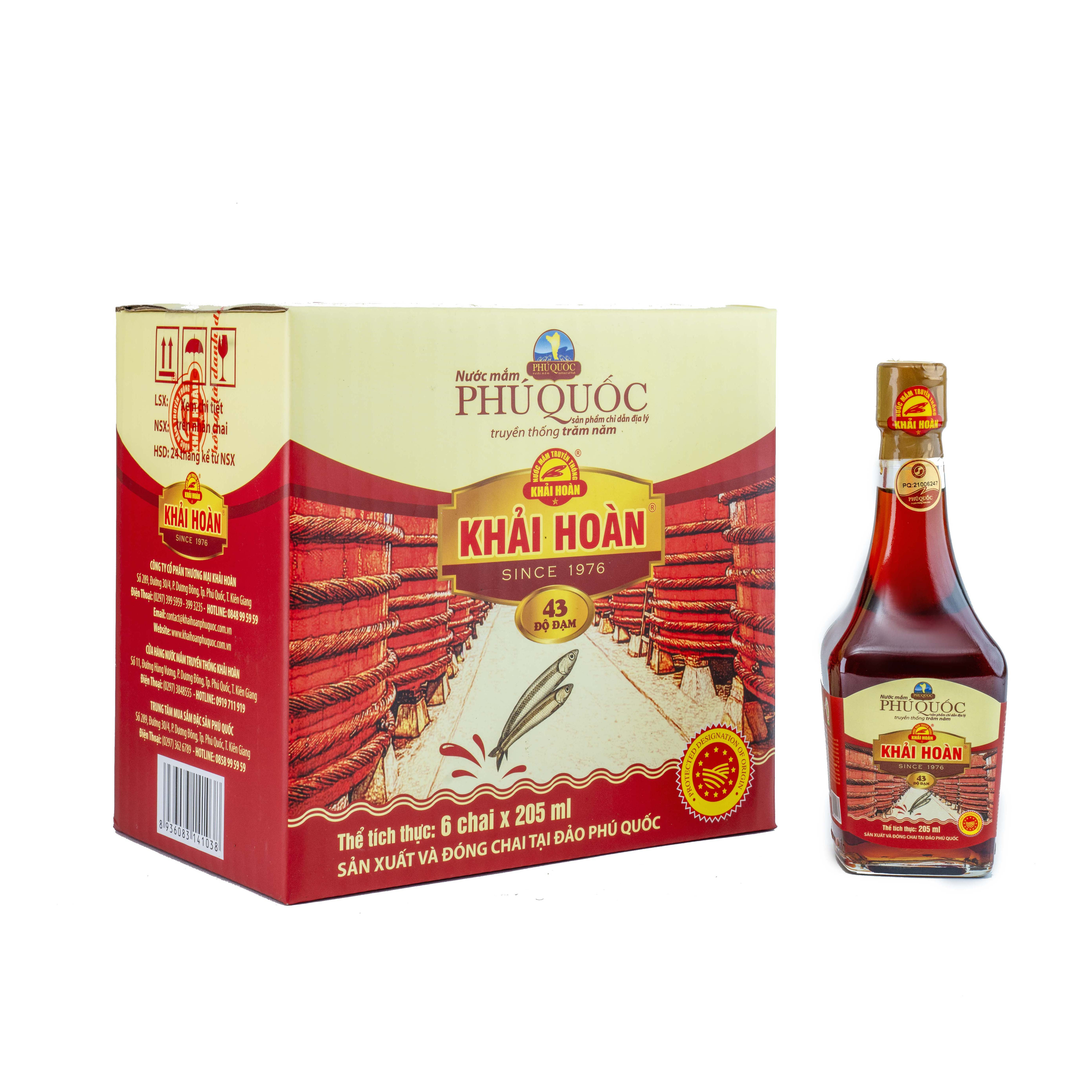 Đặc Sản Phú Quốc - Hộp 6 Chai Thủy Tinh Nước Mắm Phú Quốc Khải Hoàn 43 Độ Đạm - Ocop 5 Sao