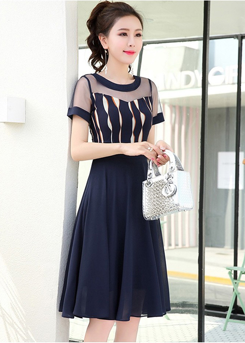 Đầm Xòe Công Sở Phối Lưới Thời Trang