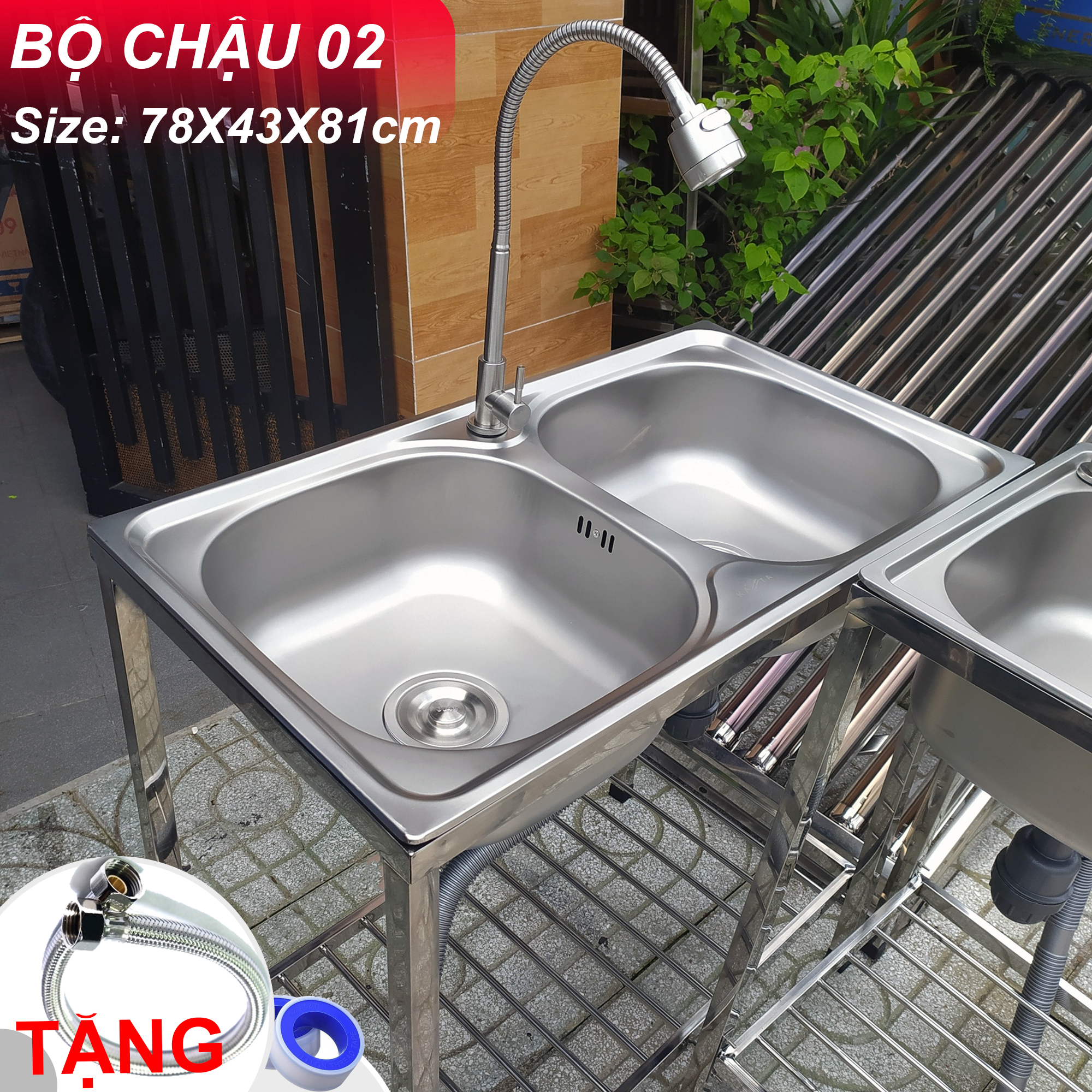 Bộ Chậu Rửa Chén Bát Có Chân Kèm Vòi Inox Nước Lạnh - Gồm kệ chân, chậu, vòi, bộ xả tặng dây cấp keo non