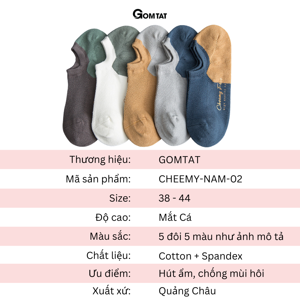 Set 5 đôi tất nam cổ ngắn cao cấp, vớ nam cổ thấp chất liệu cotton khử mùi kháng khuẩn cực tốt - CHEEMY-NAM-02