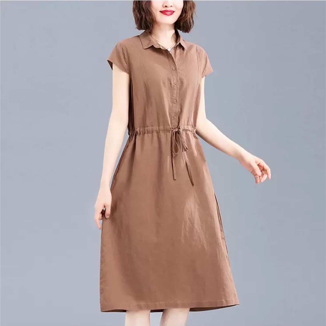 Đầm Nữ Form Suông Linen Cổ Sơ Mi Basic Tay ngắn Thoáng Mát HB70
