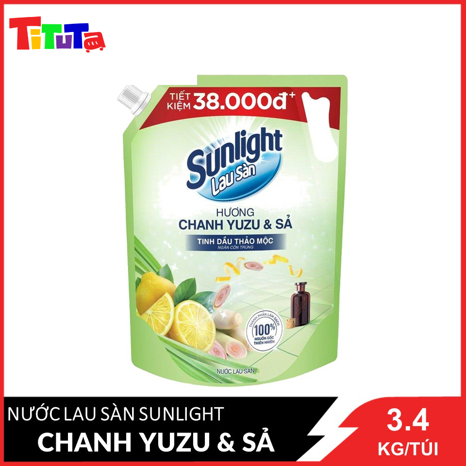 Nước lau sàn Sunlight Thiên nhiên chiết xuất Chanh Zuzu & Sả túi 3.4 Kg