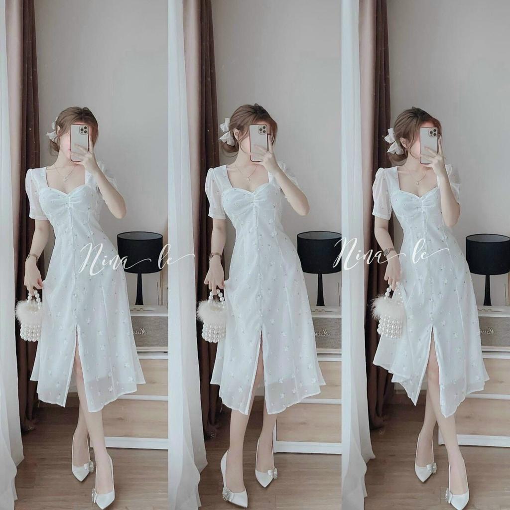 Đầm midi voan hoa 2 lớp tay phồng nhún ngực siêu xinh