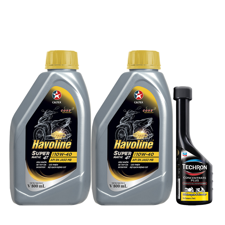 Combo 2 chai dầu nhớt xe tay ga Caltex Havoline SuperMatic 4T SAE 10W-40 800ml tặng kèm dung môi pha xăng