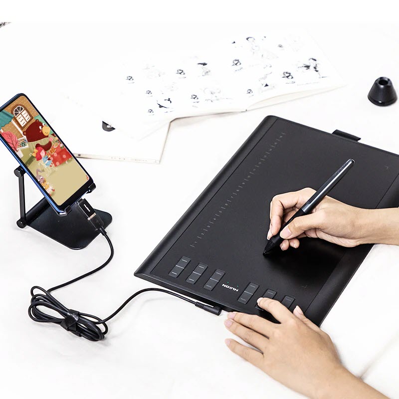 Quà Tặng Kèm - Bảng vẽ cảm ứng Huion H1060P với bút PW100 không cần dùng pin có thể dùng cho điện thoại Android Hàng Chính Hãng HUION H1060P Graphic Tablet 8192 Pen Pressure Battery-Free Digital Stylus Drawing Tablet OTG Adapter Android Phone Connection