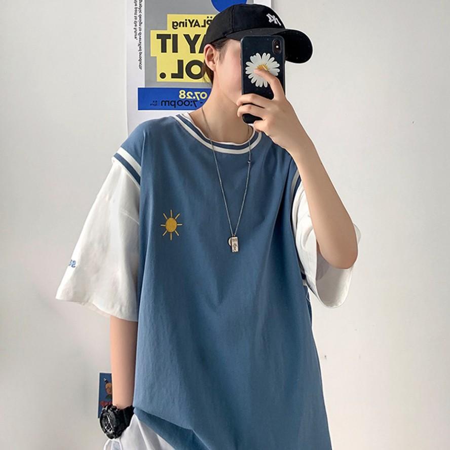 Á   Áo thun unisex tay lỡ form rộng Áo phông mặc lớp, nhóm, cặp thêu hình thời tiết