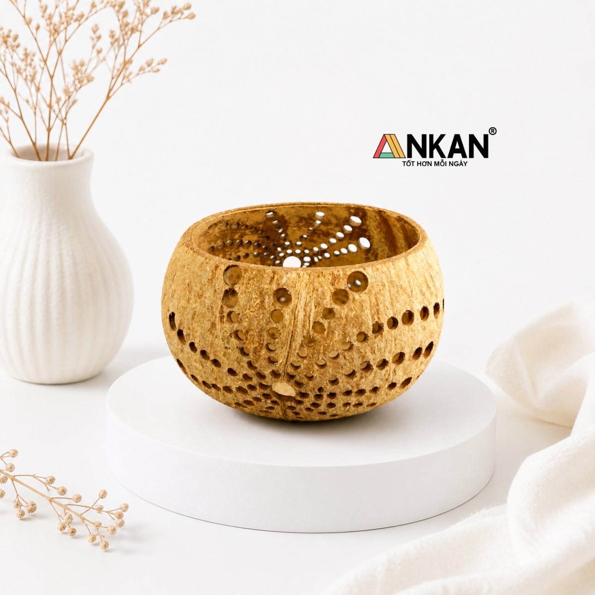 Đèn Tealight Gáo Dừa ANKAN Họa Tiết Mặt Trời Handmade – Decor Trang Trí Không Gian Chill