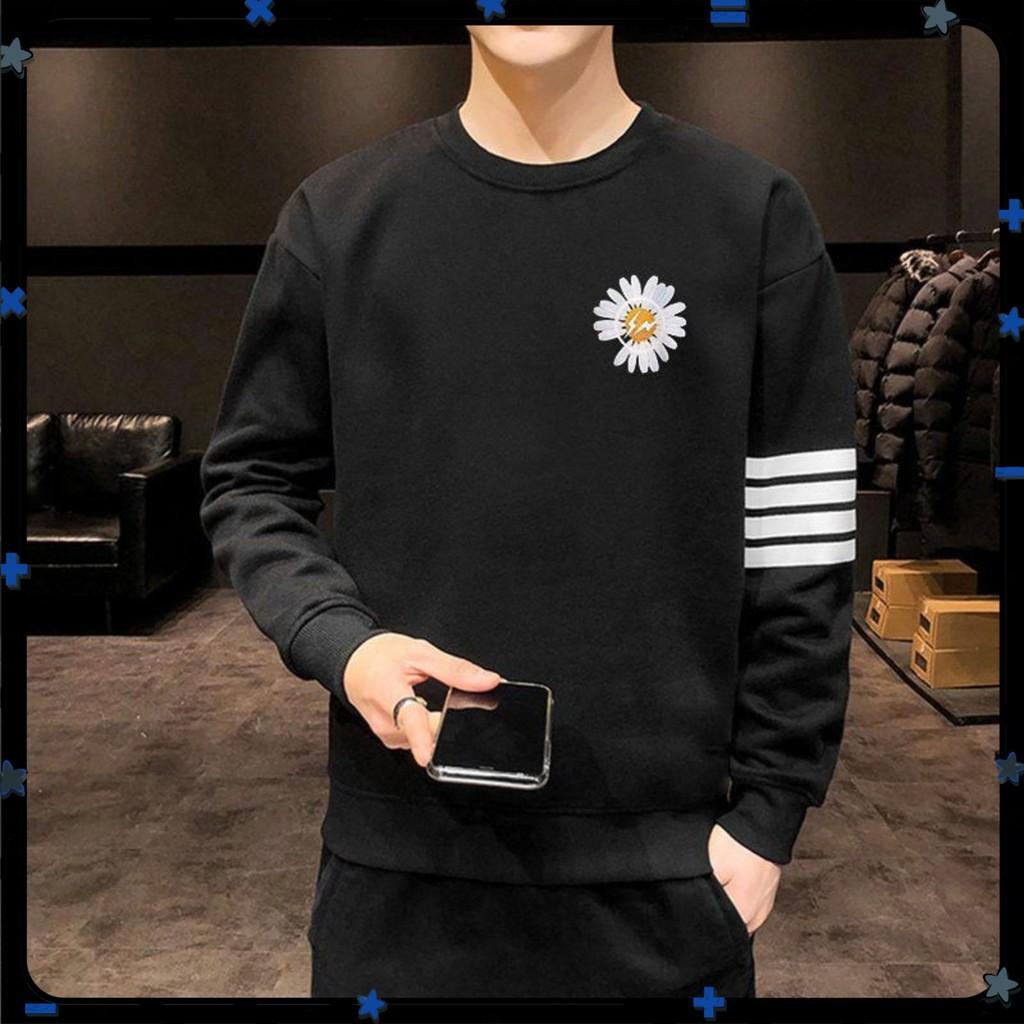 Áo Sweater Cổ Tròn Dài Tay NAM Nữ Màu Đen Chất Vải Nỉ Poly Hàng Freesize 1 Cỡ Rộng Dưới 65kg Mặc Vừa (Hoa Cúc )