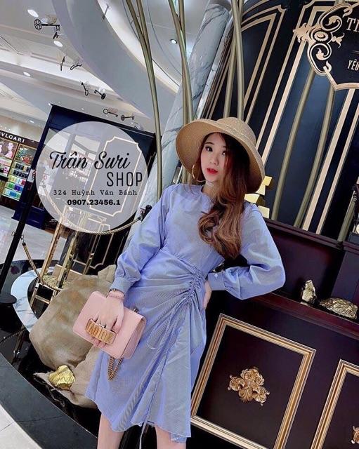 Đầm suông sọc tay phồng tà rút dây S.Free