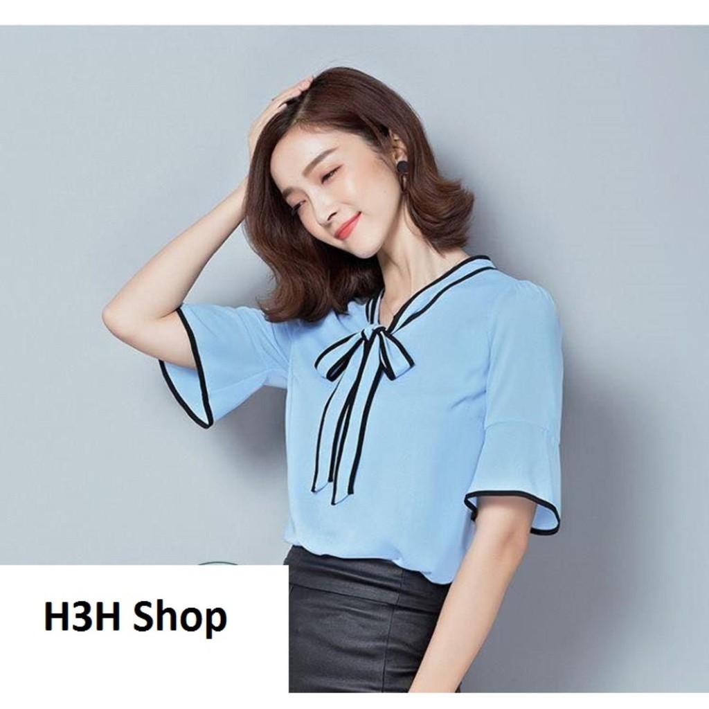 Áo thời trang trẻ tay loe cổ cột nơ viền phối XANH