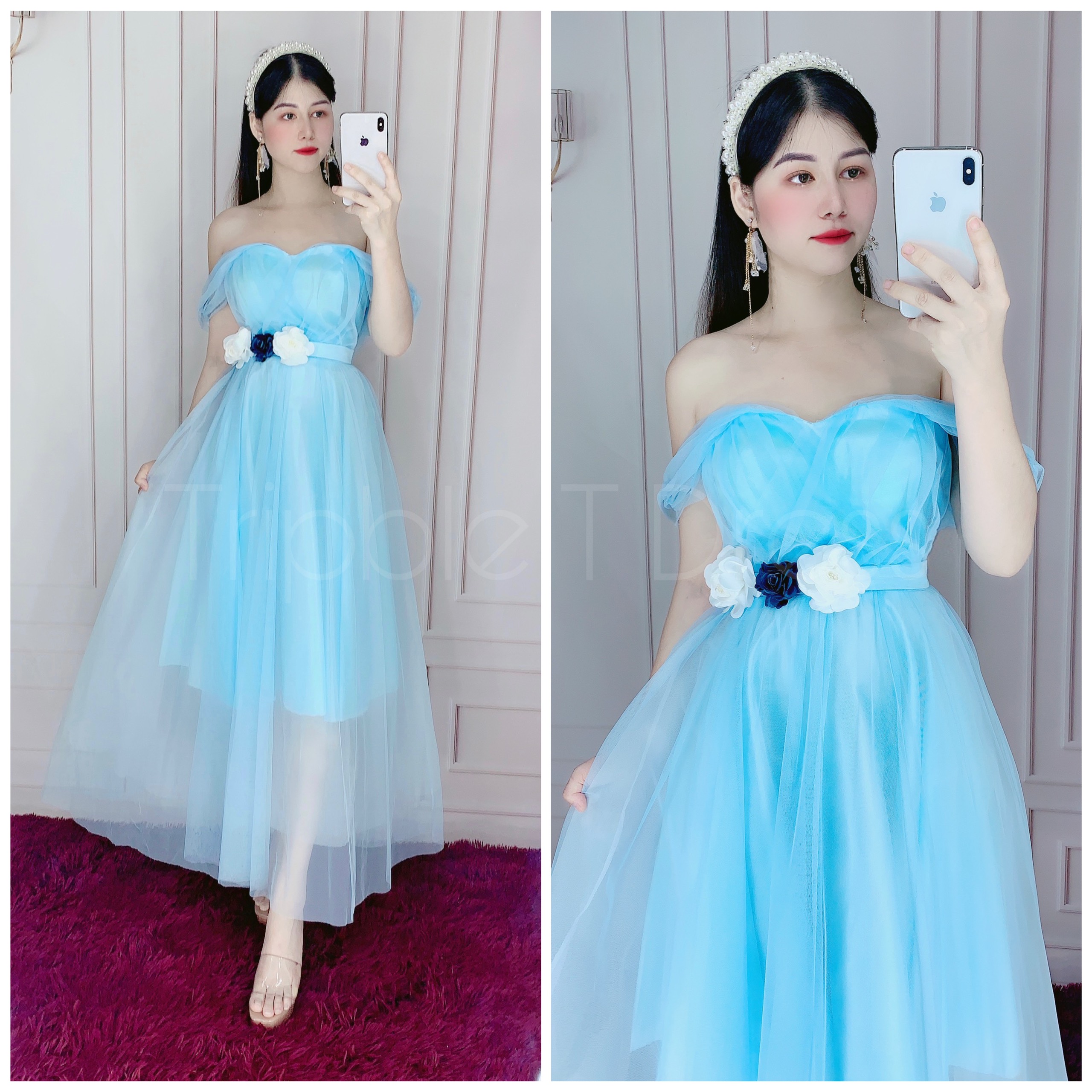 Đầm xoè dự tiệc rớt vai lưới siêu xinh TRIPBLE T DRESS -size L/XL - MS37V
