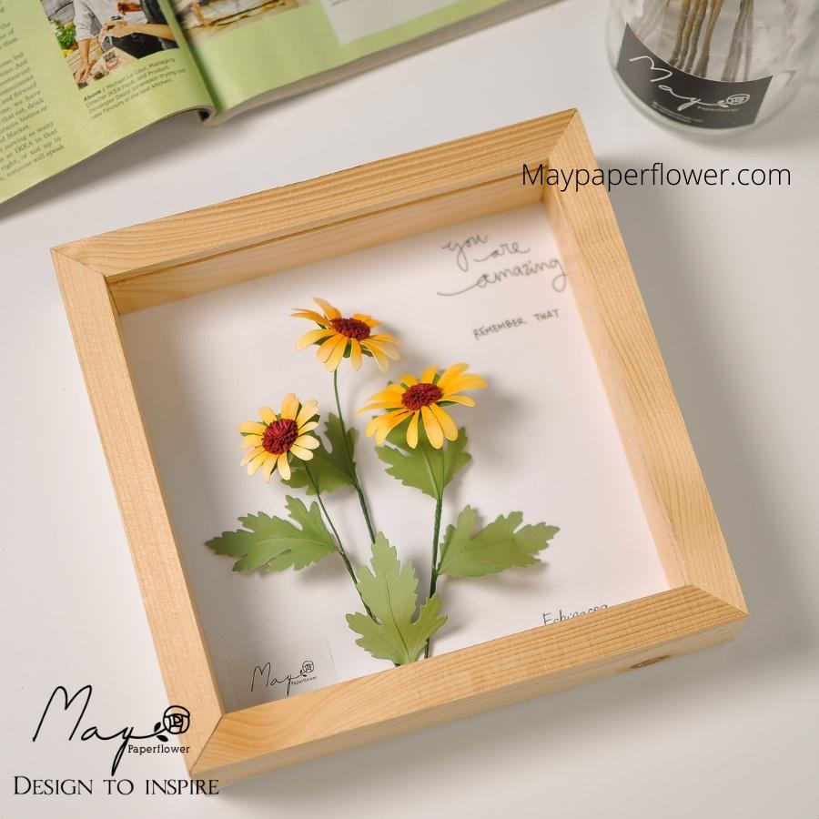 Tranh Hoa Giấy Handmade Trang Trí - Cúc Mỹ Echinacea Vàng MAYPAPERFLOWER Khung Gỗ Size 19x19cm