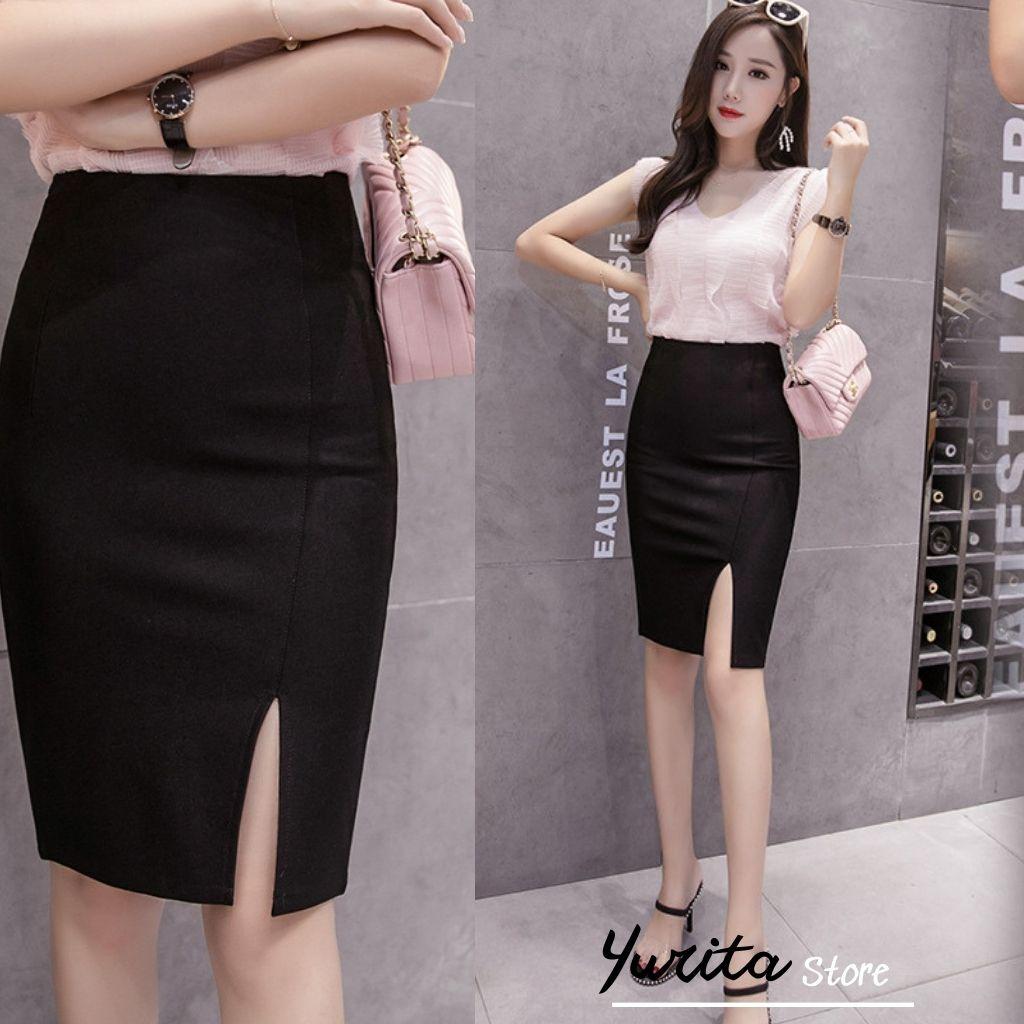 Chân Váy Xẻ Tà Trước YURITA NgắnTrên Gối Lưng Cao Xẻ Trước Đẹp Kiểu Hàn Quốc Vintage Cá Tính