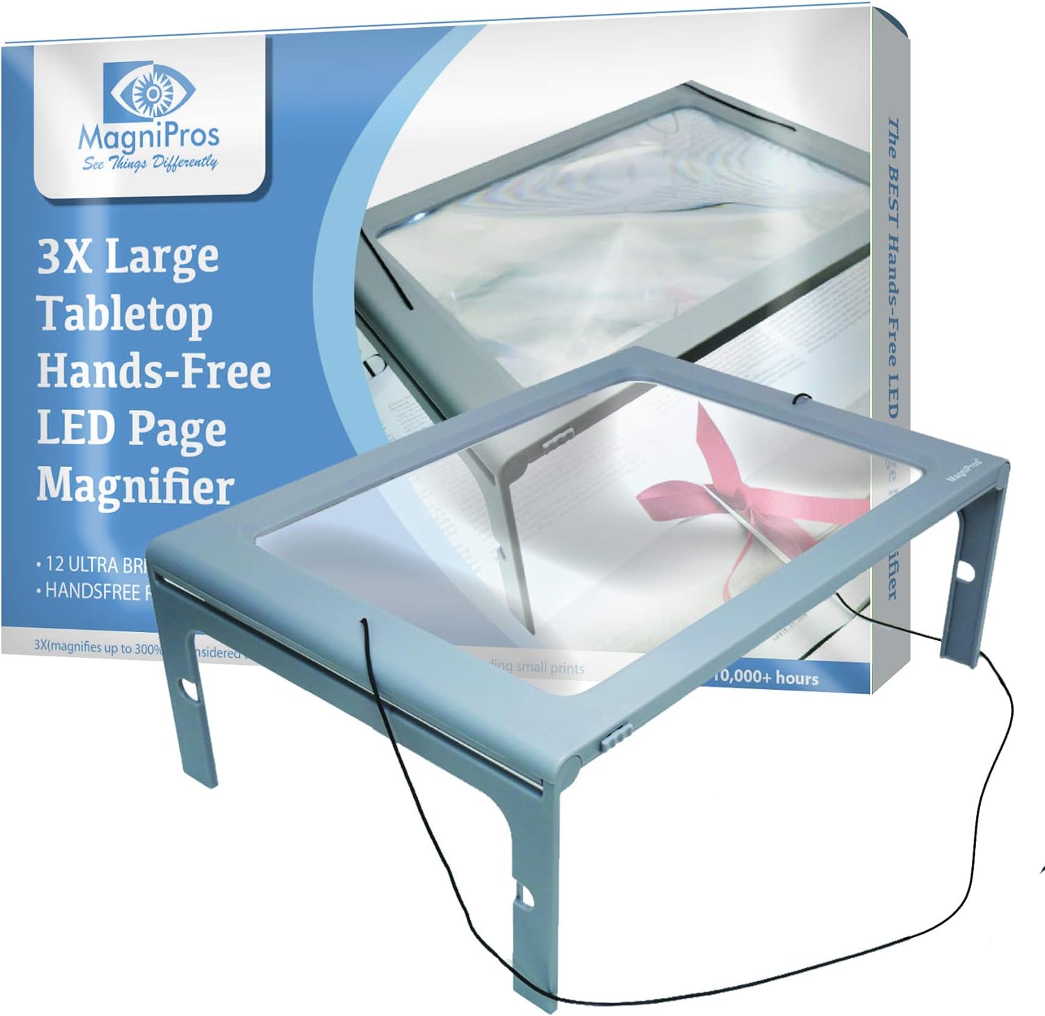 Kính lúp đọc sách toàn trang cao cấp MagniPros 300PSL (3X, có đèn led, khung đỡ) (Hàng chính hãng)