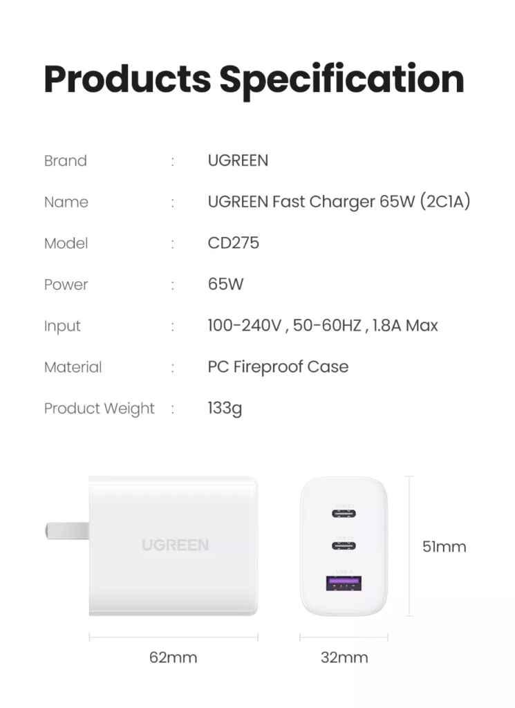 Ugreen UG90495CD275TK 65W Bộ sạc nhanh xe hơi 2cổng USB-C + USB-A PD3.0 QC4.0 Màu Trắng chuẩn cắm US - HÀNG CHÍNH HÃNG