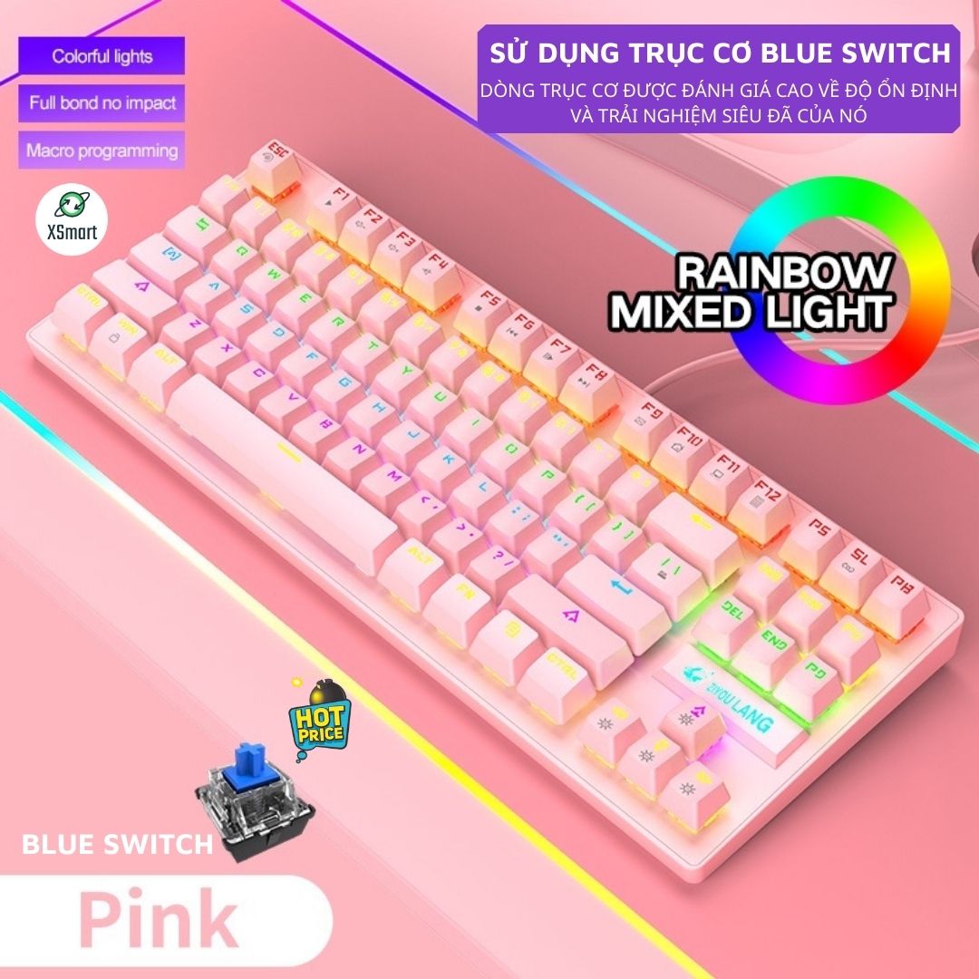 Bàn Phím Cơ Gaming XSmart LEAVEN K2 Màu Hồng Siêu Xinh Chống Nước, Tích Hợp Đèn LED Đồi 10 Chế Độ Nháy Bảo Hành 12 Tháng - Hàng Chính Hãng