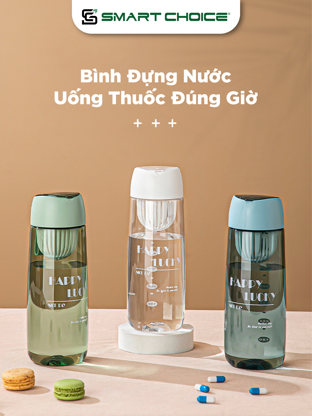 Bình Đựng Nước Nhựa SMARTCHOICE 2 Dung Tích 600ML, 700ML Happy Cao Cấp SCG-PK079