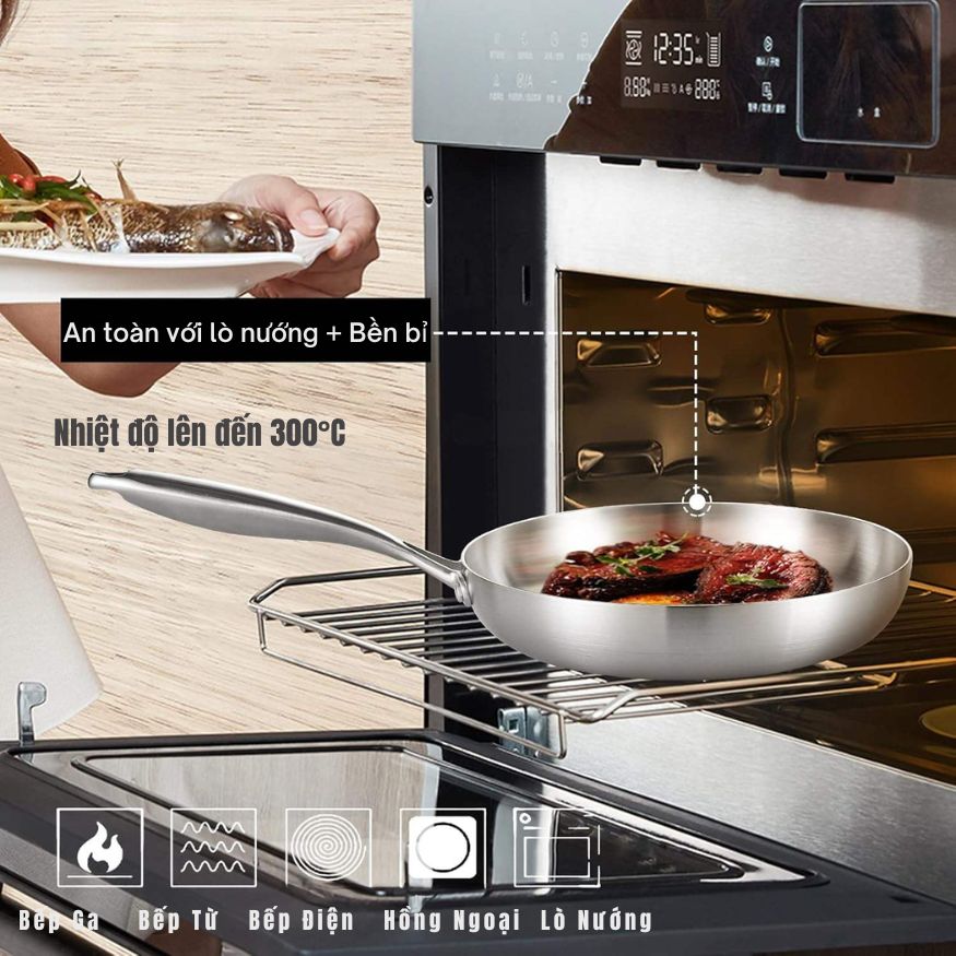 Chảo Inox đáy từ 3 Lớp Mishio (Size 22, 24, 26, 28, 30cm) Đúc Nguyên Khối, Đáy Từ, An Toàn Vượt Trội - hàng chính hãng