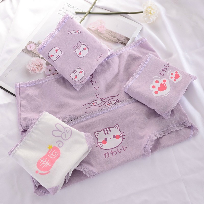 Combo 5 quần lót nữ cotton dễ thương Freesize Mèo tím và con cá