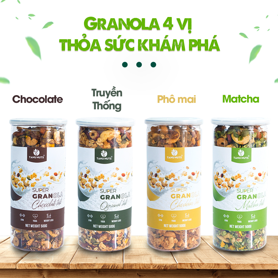 Granola siêu hạt 15% yến mạch TANU NUTS, ngũ cốc ăn kiêng giảm cân không đường tốt cho gym, yoga