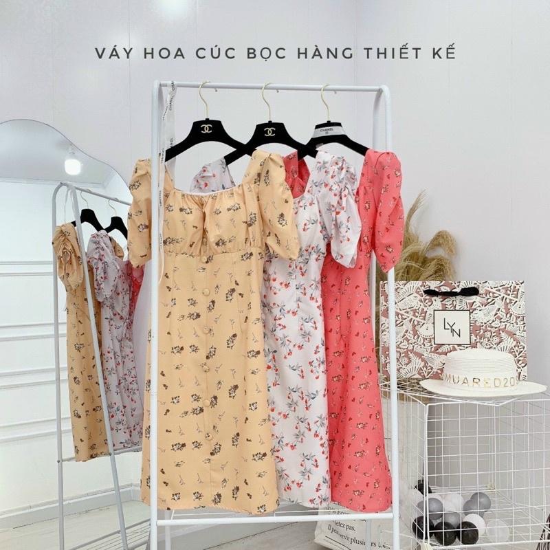 Đầm lụa hoa xếp ly ngực có nút bọc, cổ vuông tay phồng dịu dàng nữ tính