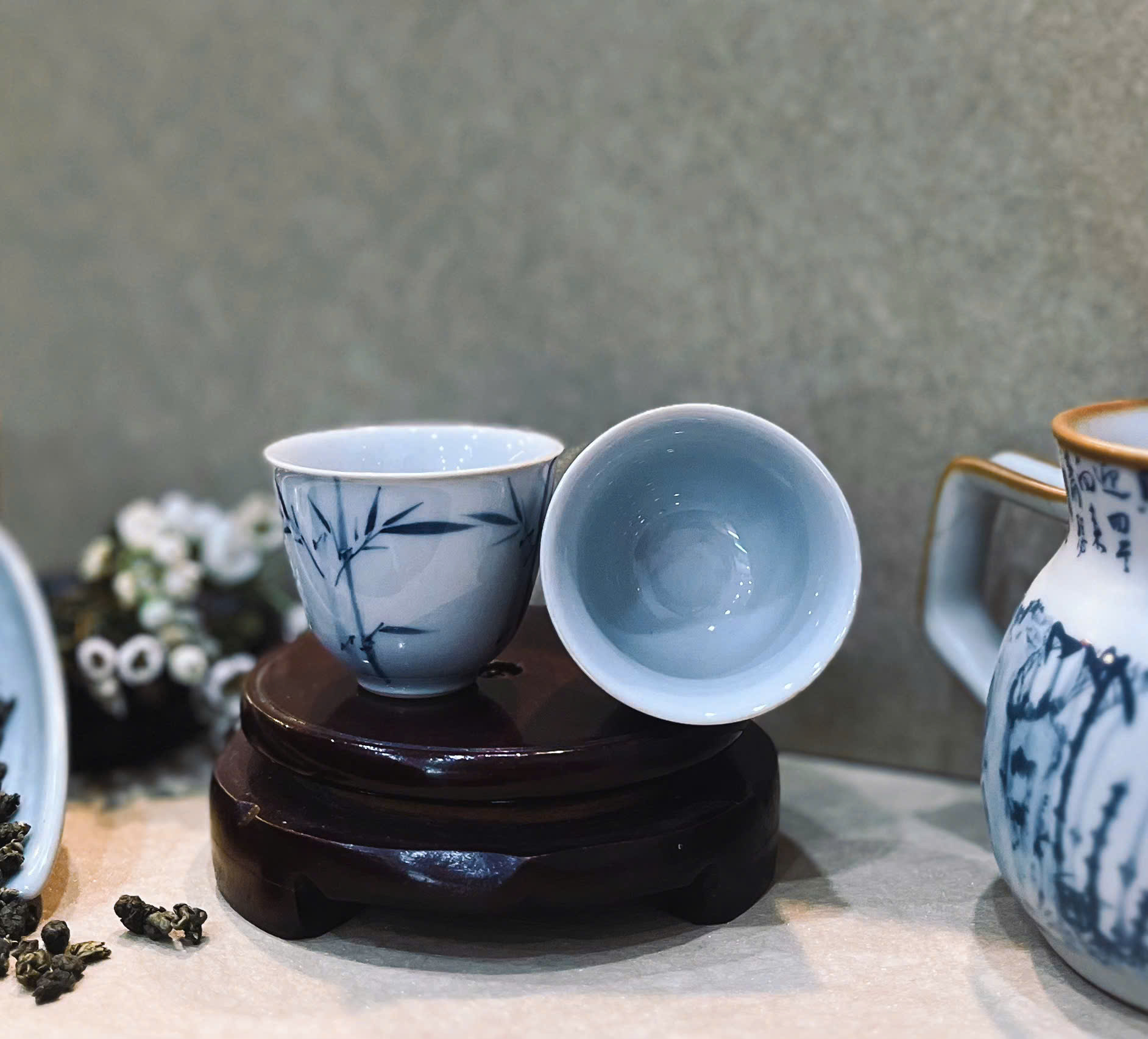 CHÉN SỨ THANH TRÚC VẼ TAY - DUNG TÍCH 50ML - CHÉN QUÂN ĐẸP - VIỆT LONG TRÀ