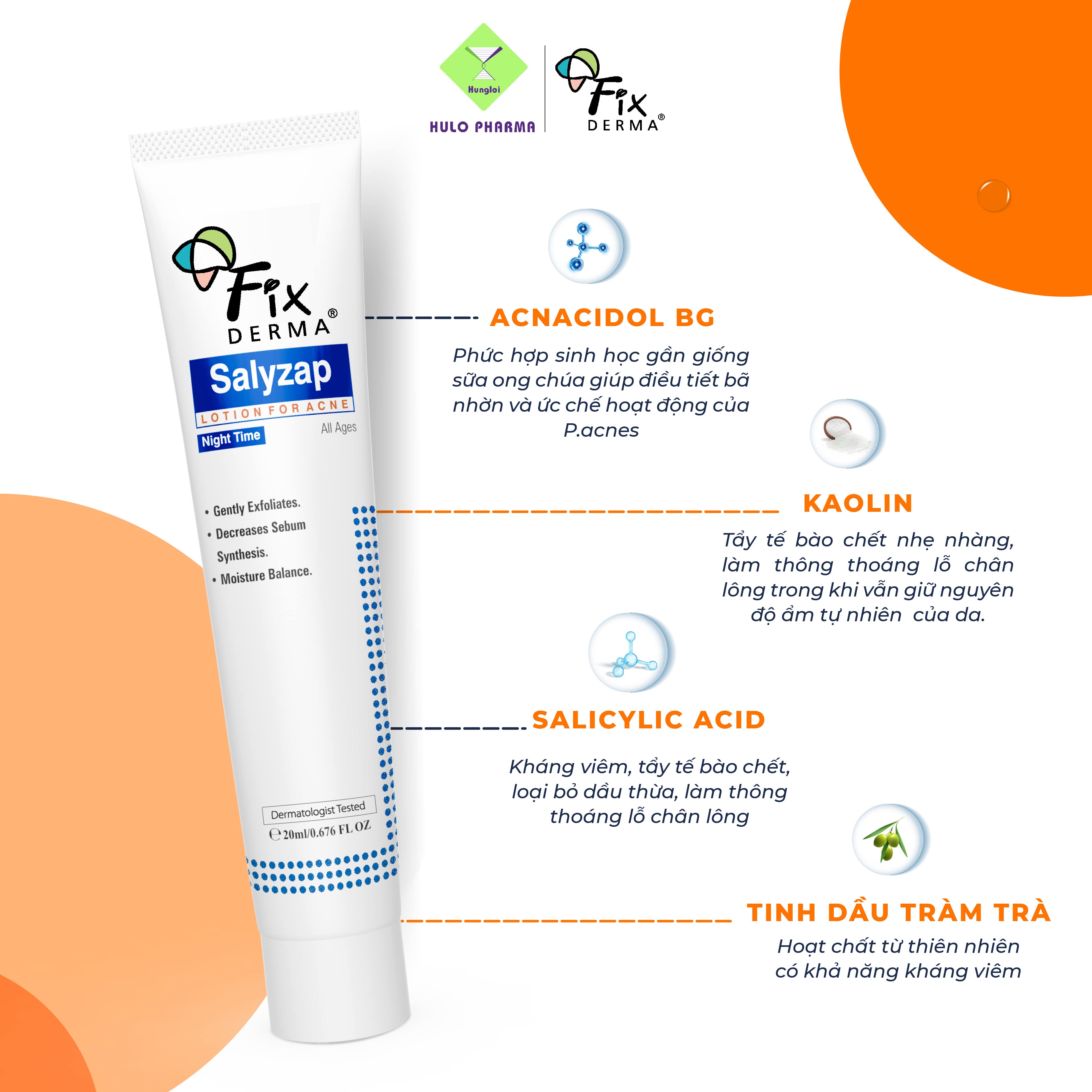 Lotion Giúp Giảm Mụn, Kiểm Soát Bã Nhờn Fixderma Salyzap Lotion For Acne Night Time 20ml