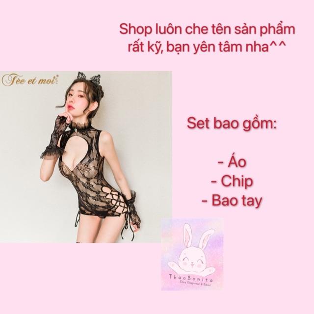 Set ren lưới đuôi thỏ tặng kèm bao tay, cực SEXY