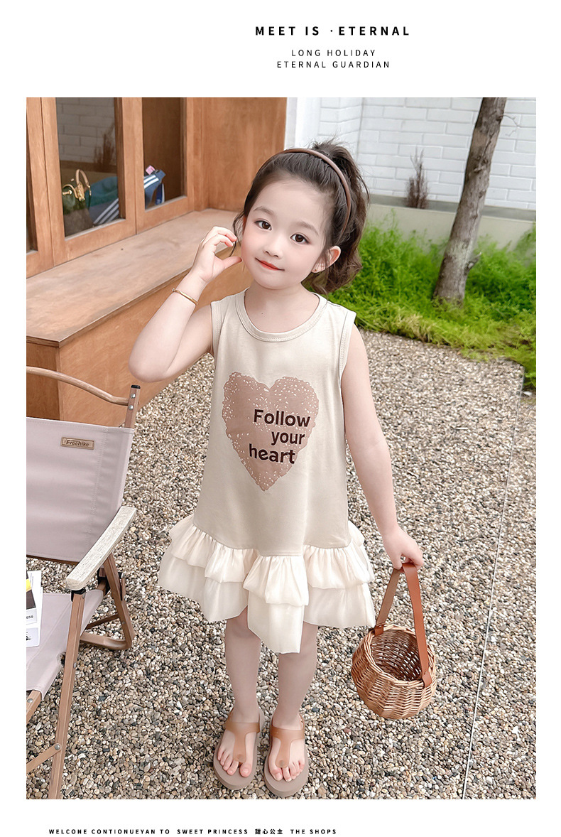 Váy hè cho bé gái sát nách 2-7 tuổi in chữ Followw chân ren vải co giãn thấm hút mồ hôi kiểu dáng điệu đà