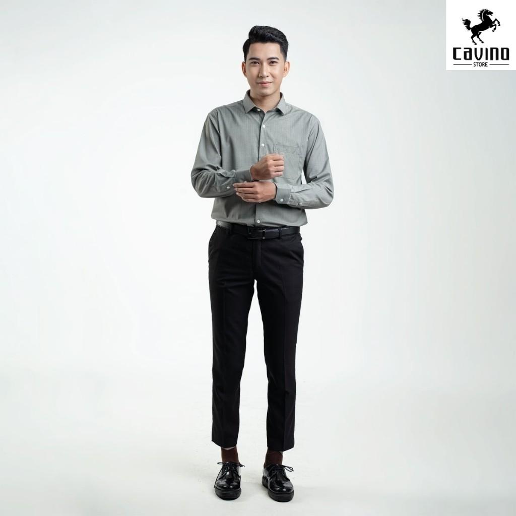 Sơ mi nam nâu rêu kẻ tăm 928 CAVINO cao cấp, vải bambo sợi tre chống nhăn, thoáng khí